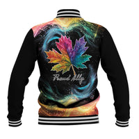 Black baseball jacket with back rainbow galaxy maple leaf graphic and striped rib collar.