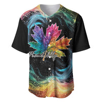 Black baseball jersey with colorful galaxy maple leaves and 'Proud Ally' script