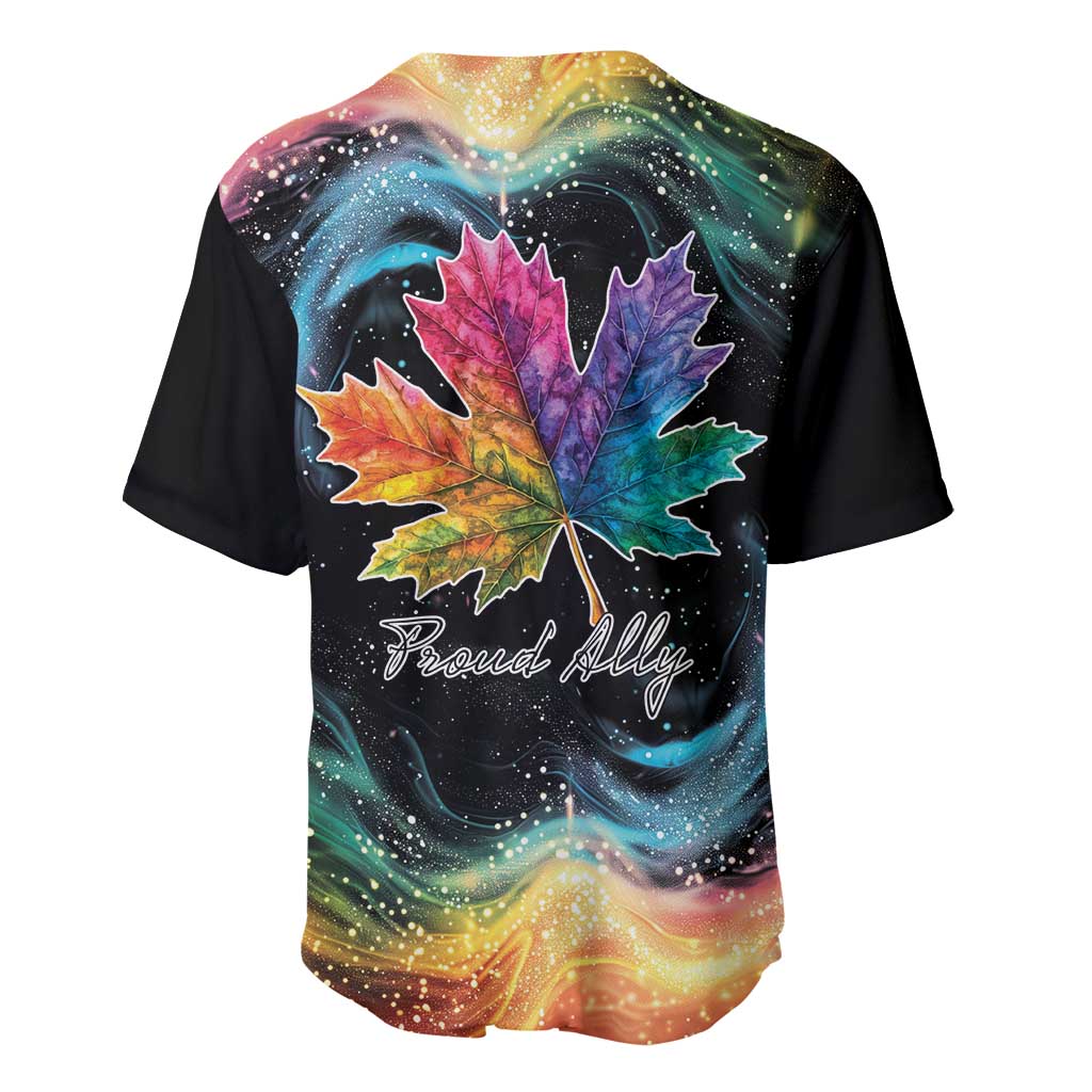 Black baseball jersey back with rainbow maple leaf graphic and 'Proud Ally' text