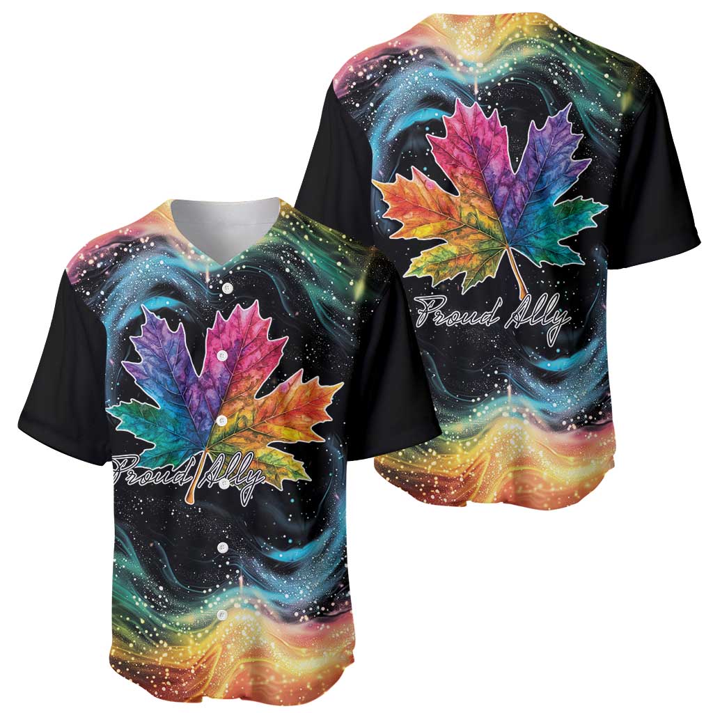 Set of black baseball jerseys showing front and back maple leaf 'Proud Ally' graphics