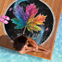 Round black beach blanket featuring rainbow maple leaves with white fringe edge