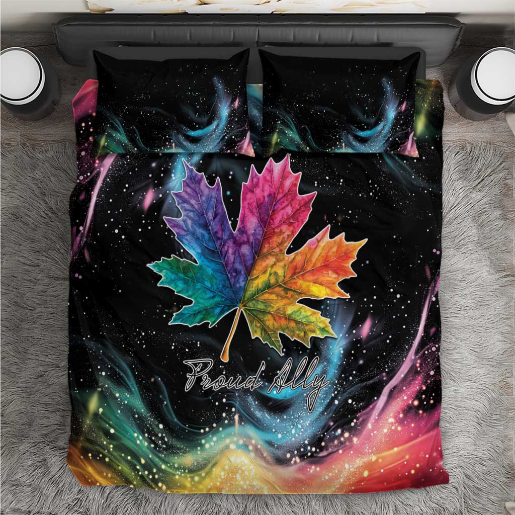 Black bedding set with colorful maple leaf and galaxy swirl print, includes two pillowcases