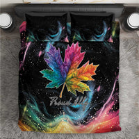 Black bedding set with colorful maple leaf and galaxy swirl print, includes two pillowcases