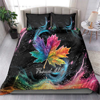 Black duvet and two pillowcases with rainbow maple leaf galaxy swirl and 'Proud Ally' text