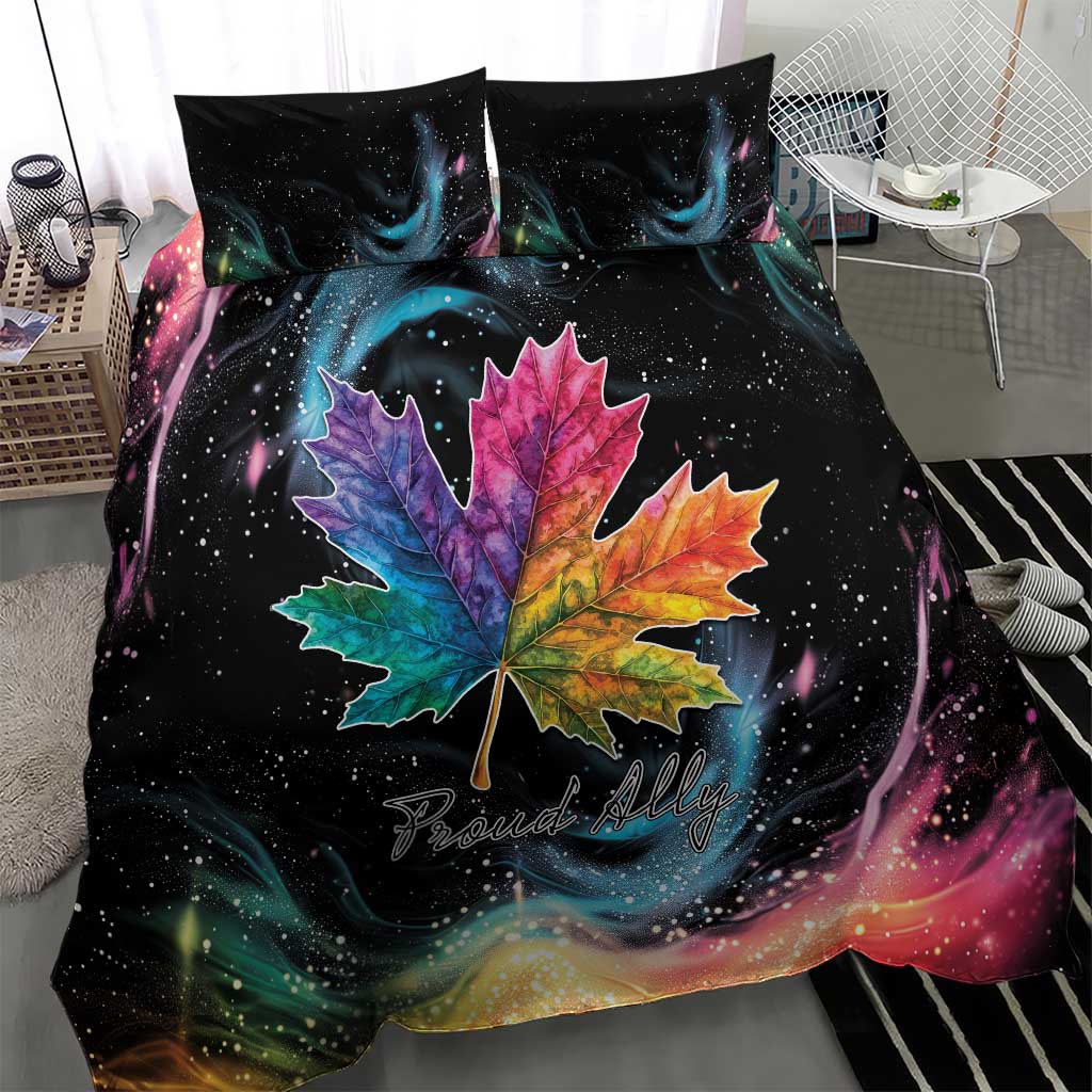 Black duvet and two pillowcases featuring rainbow maple leaf galaxy swirl with 'Proud Ally'