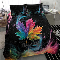 Black duvet and two pillowcases featuring rainbow maple leaf galaxy swirl with 'Proud Ally'
