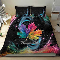 Black bedding set showing rainbow maple leaf galaxy swirl print with 'Proud Ally' on duvet
