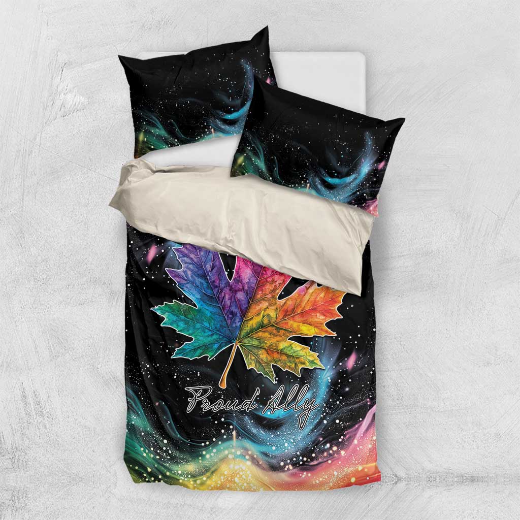 Black duvet with rainbow maple leaf galaxy swirl design and 'Proud Ally', plus two pillowcases