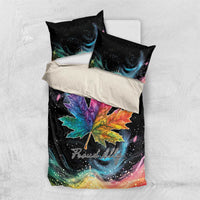 Black duvet with rainbow maple leaf galaxy swirl design and 'Proud Ally', plus two pillowcases