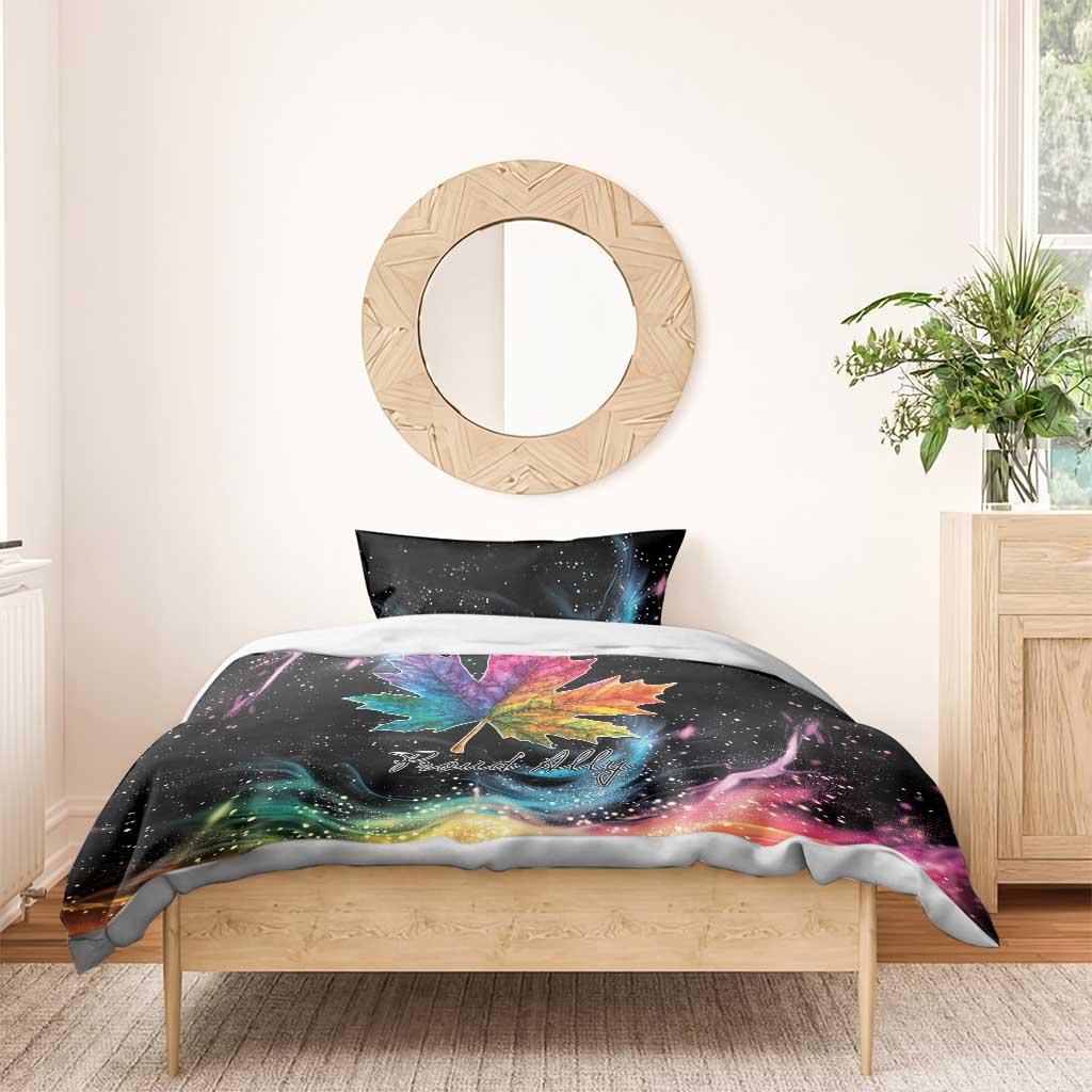 Black duvet with rainbow maple leaf galaxy swirl print and 'Proud Ally' lettering, one pillow