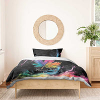 Black duvet with rainbow maple leaf galaxy swirl print and 'Proud Ally' lettering, one pillow
