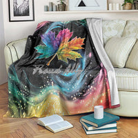 Black rainbow maple leaf throw blanket with colorful leaf and galaxy-style swirls