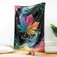 Black rainbow maple leaf blanket with large center leaf and starry nebula swirls