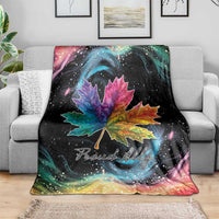 Rainbow maple leaf throw blanket on sofa with galaxy swirls and Proud Ally text