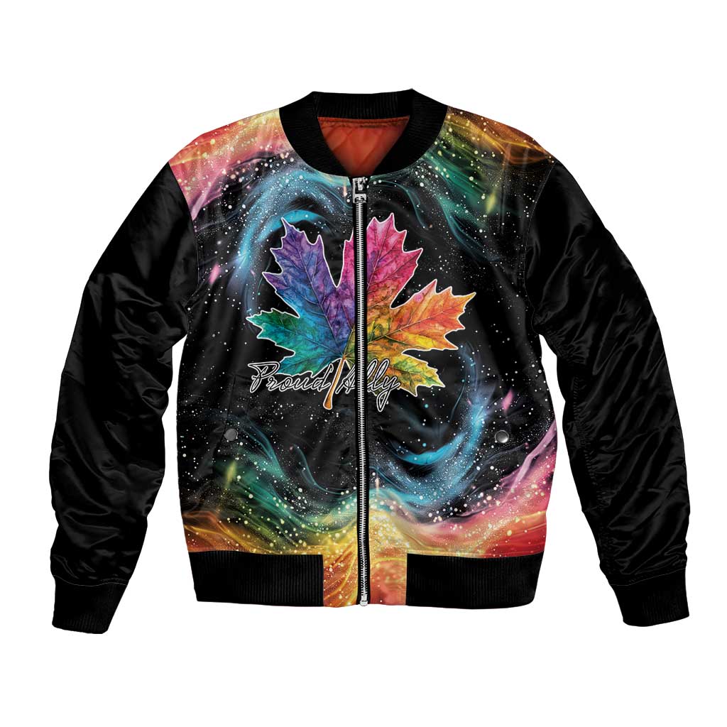 Unisex black bomber jacket with colorful maple leaf galaxy zip front