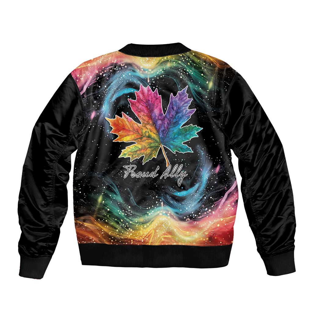 Unisex black bomber jacket with colorful maple leaf galaxy back graphic