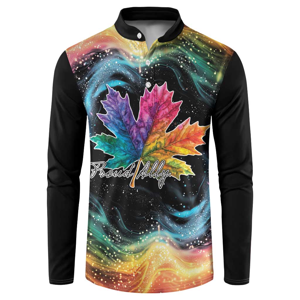 Black henley sweatshirt, buttoned collar, galaxy-style maple leaf graphic with Proud Ally