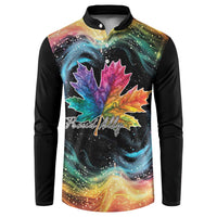 Black henley sweatshirt, buttoned collar, galaxy-style maple leaf graphic with Proud Ally