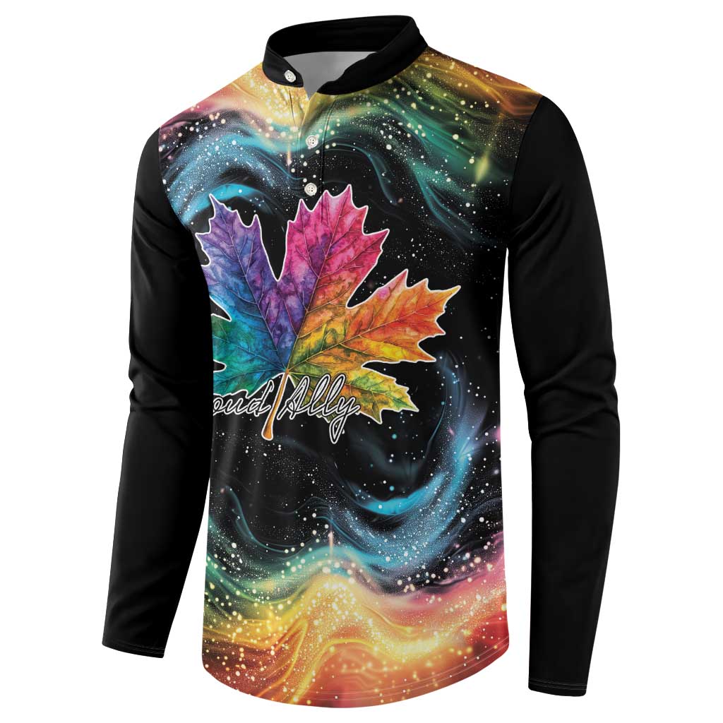 Black henley sweatshirt with galaxy maple leaves and Proud Ally script across chest