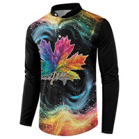 Black henley sweatshirt with galaxy maple leaves and Proud Ally script across chest