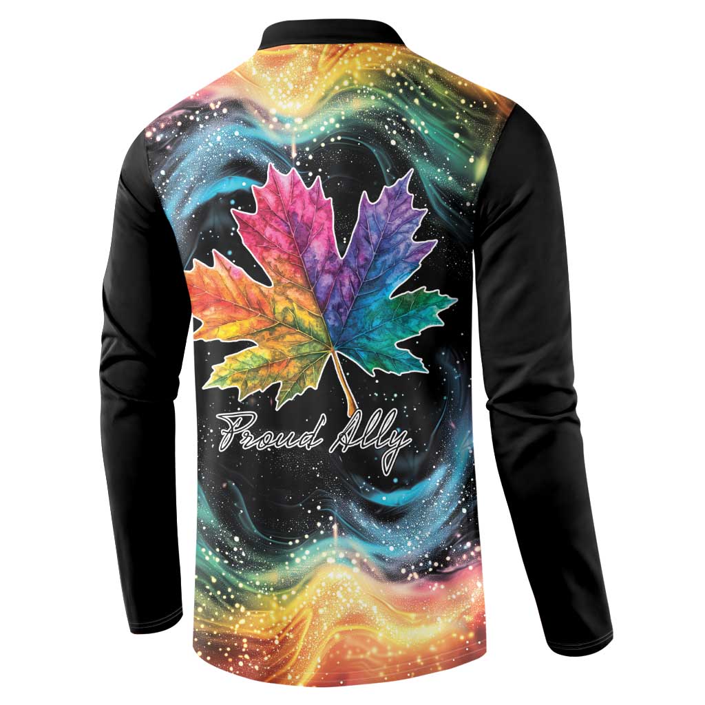 Black henley sweatshirt back view, galaxy maple leaf graphic with Proud Ally script