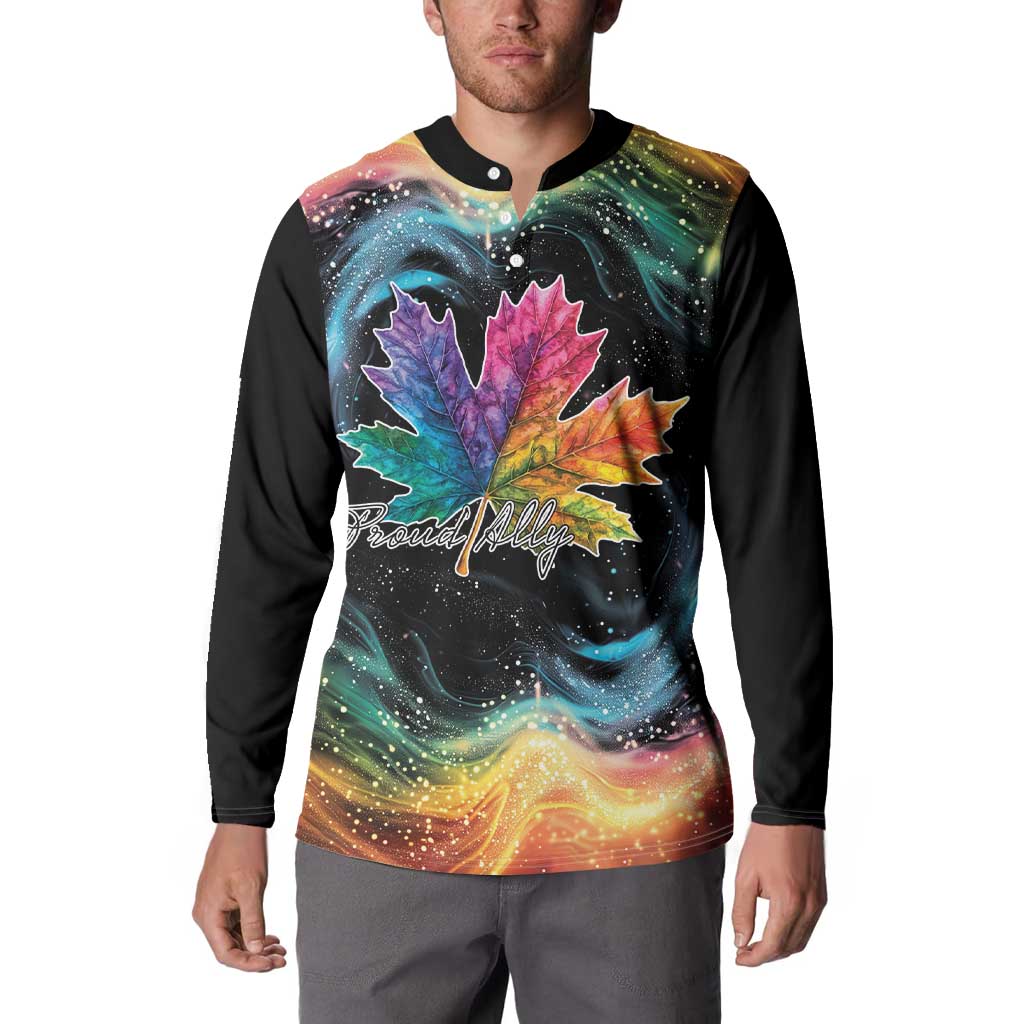 Black henley sweatshirt with colorful galaxy maple leaf graphic and Proud Ally text