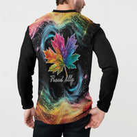 Black henley sweatshirt back view, colorful galaxy maple leaf and Proud Ally lettering