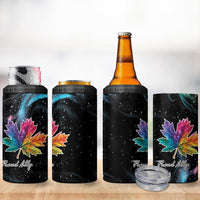 Four black can cooler tumblers with colorful maple leaf and 'Proud Ally' print; lids