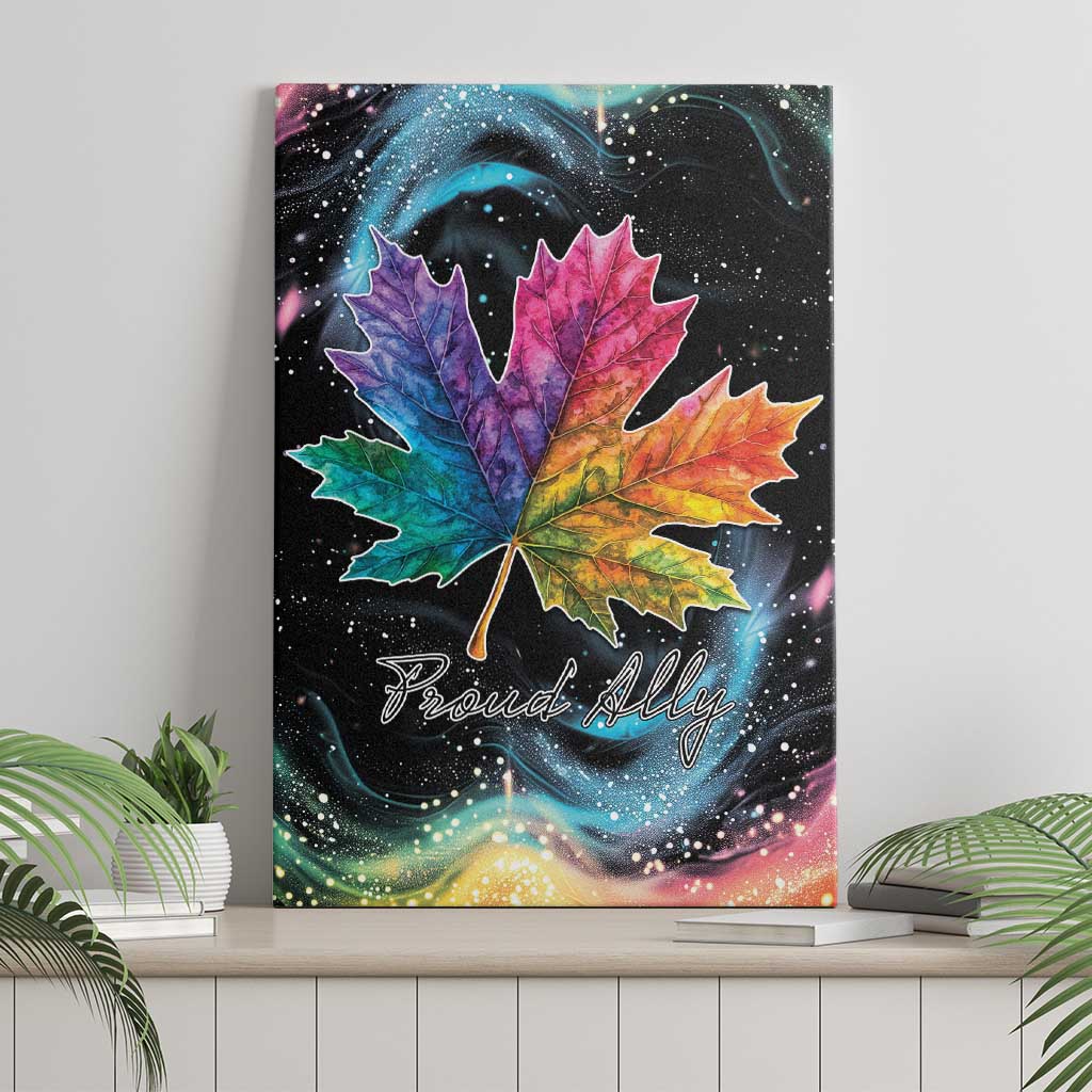 Rainbow maple leaf canvas wall art, “Proud Ally” script on dark background