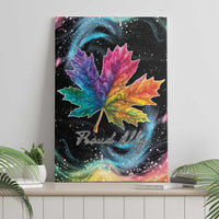 Rainbow maple leaf canvas wall art, “Proud Ally” script on dark background