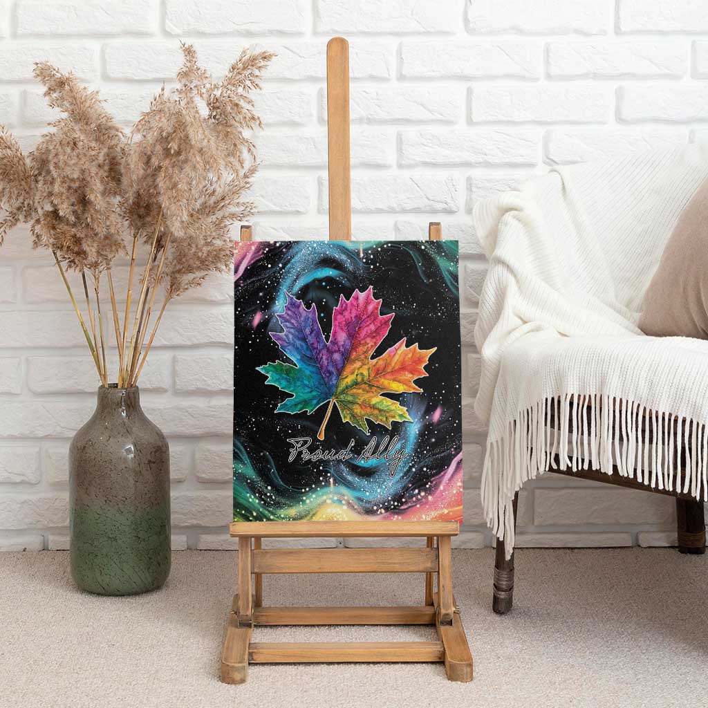 Rainbow maple leaf canvas wall art on easel with “Proud Ally” lettering
