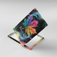 Rainbow maple leaf canvas wall art, angled view with “Proud Ally” text