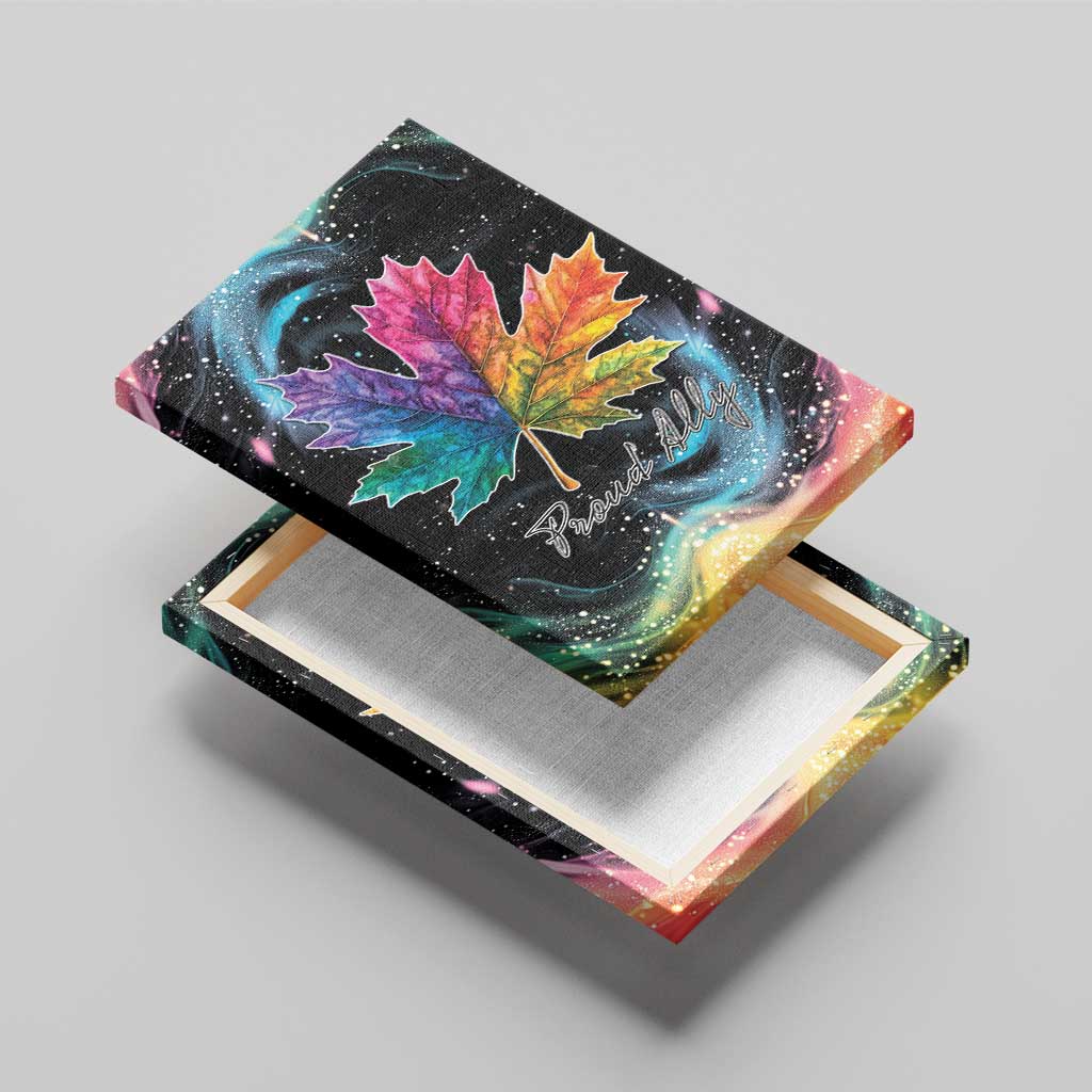 Rainbow maple leaf canvas wall art, angled close-up with “Proud Ally” text