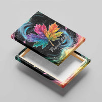 Rainbow maple leaf canvas wall art, angled close-up with “Proud Ally” text
