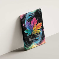 Rainbow maple leaf canvas wall art with colorful glow and “Proud Ally” script