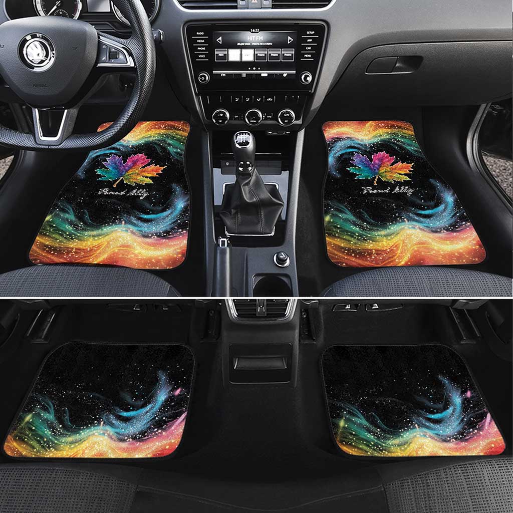 Black car floor mats with rainbow galaxy maple leaf graphic, set of four