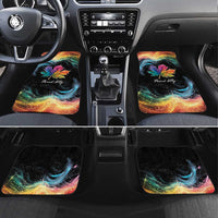 Black car floor mats with rainbow galaxy maple leaf graphic, set of four