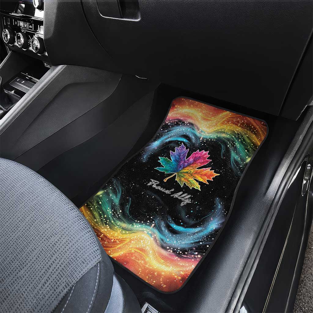 Black car floor mat with rainbow galaxy maple leaf graphic for front seat