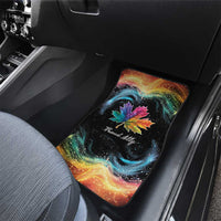 Black car floor mat with rainbow galaxy maple leaf graphic for front seat