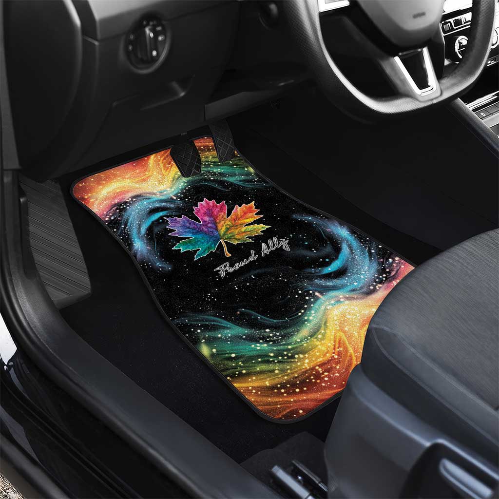 Black front car floor mat with rainbow galaxy maple leaf design