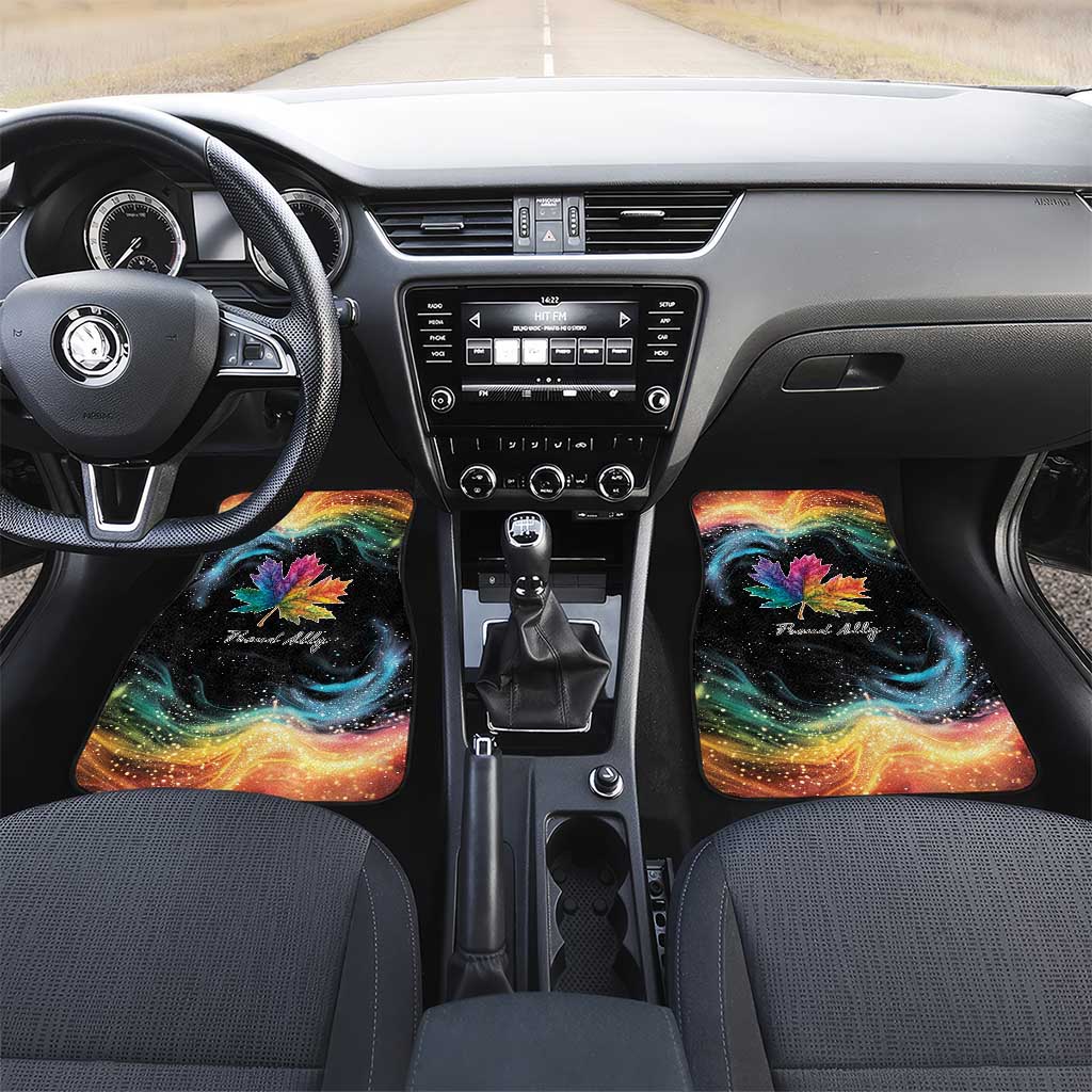 Black front car floor mats with rainbow maple leaf galaxy print