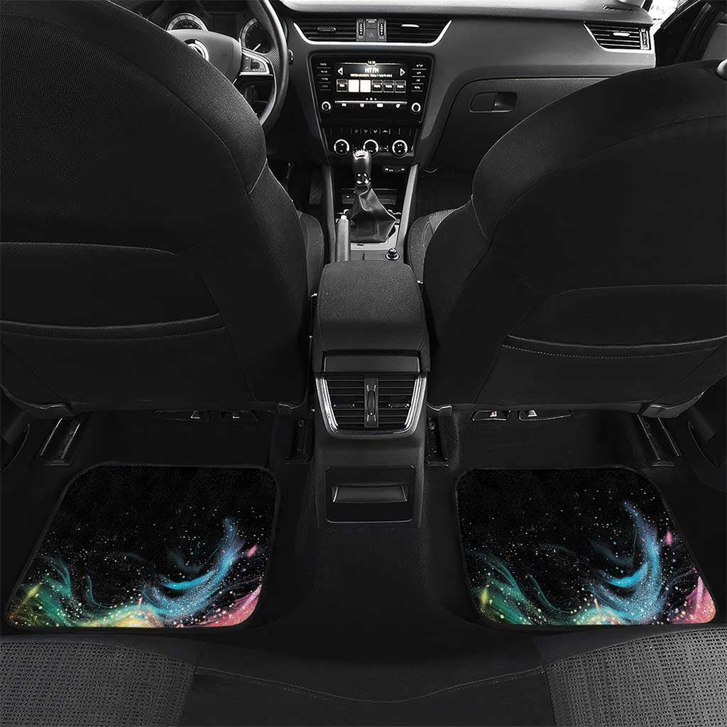 Black rear car floor mats with rainbow galaxy maple leaf print