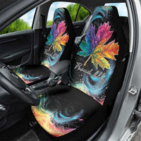 Black car seat covers featuring colorful galaxy maple leaves on front seats