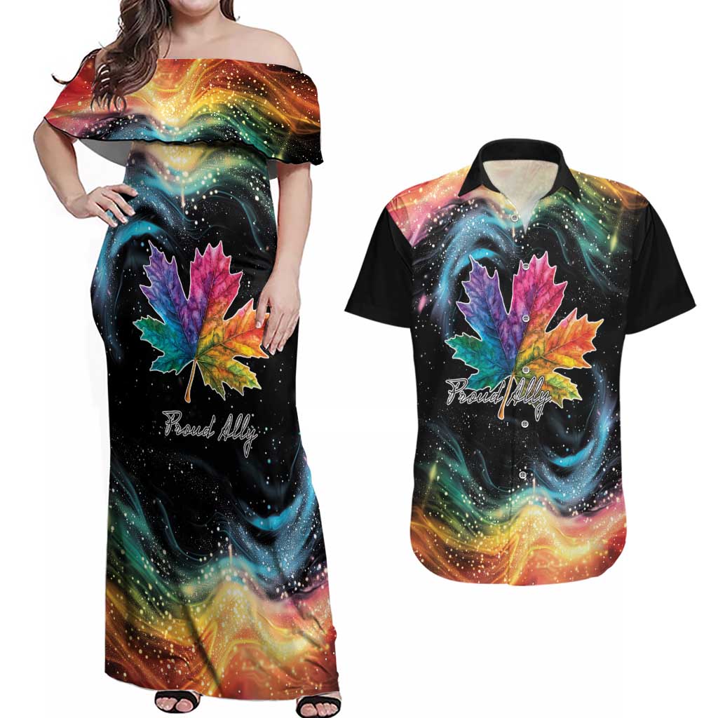 Rainbow Maple Leaf Couples Matching Off Shoulder Maxi Dress and Hawaiian Shirt Canada Pride Show Your Colors LT9 - Wonder Print Shop