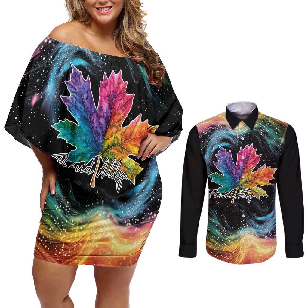 Rainbow Maple Leaf Couples Matching Off Shoulder Short Dress and Long Sleeve Button Shirt Canada Pride Show Your Colors LT9 - Wonder Print Shop