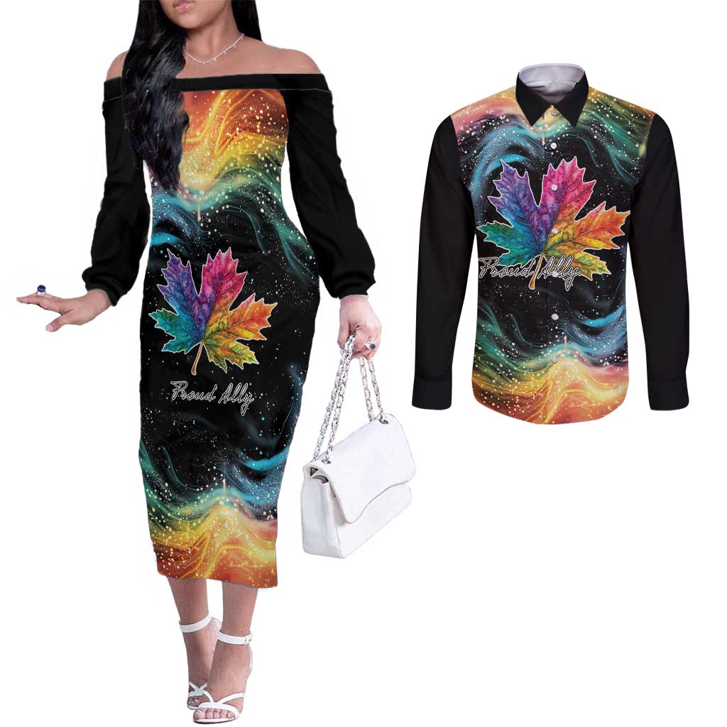 Rainbow Maple Leaf Couples Matching Off The Shoulder Long Sleeve Dress and Long Sleeve Button Shirt Canada Pride Show Your Colors