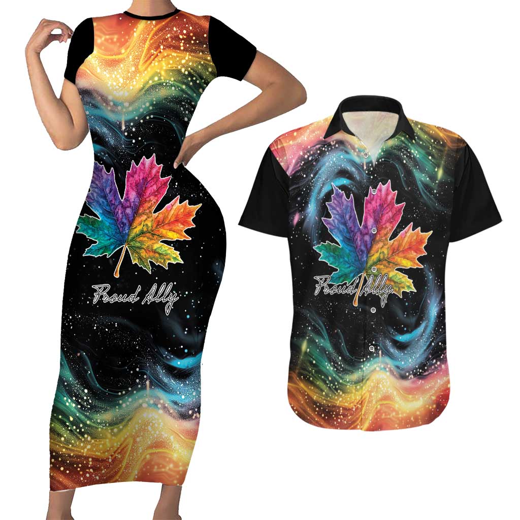 Rainbow Maple Leaf Couples Matching Short Sleeve Bodycon Dress and Hawaiian Shirt Canada Pride Show Your Colors LT9 - Wonder Print Shop