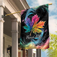 Black garden flag with rainbow maple leaf and 'Proud Ally' text, on hanging pole