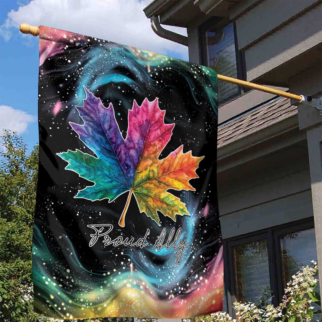 Black garden flag with rainbow maple leaf and 'Proud Ally' text, on outdoor pole