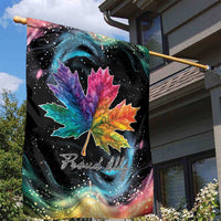 Black garden flag with rainbow maple leaf and 'Proud Ally' text, on outdoor pole